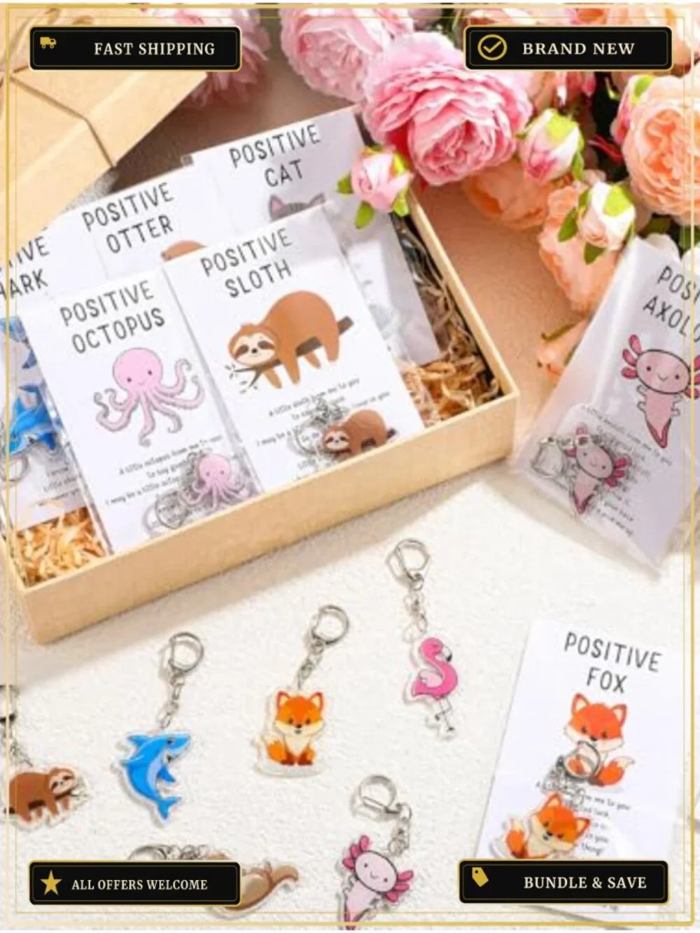 Positive Acrylic Animal Keychain Set with Inspirational Cards for Gifts